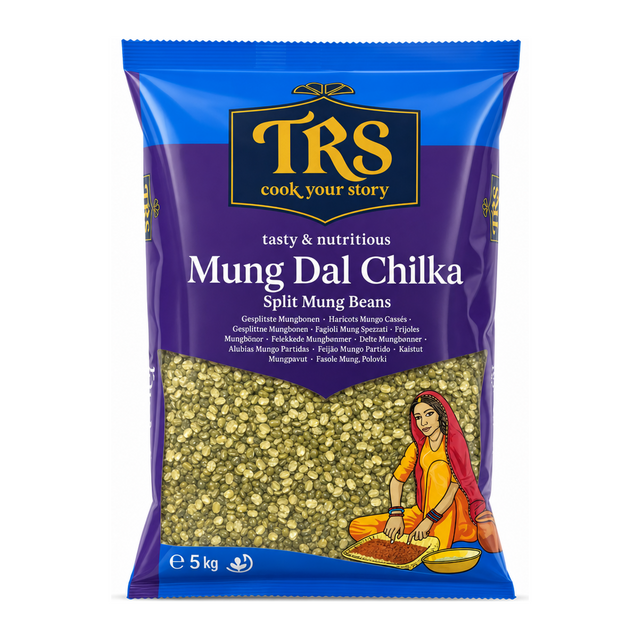 Mung Dal Chilka Split Mung Beans by TRS — front view showing product label and branding, studio product photo on white background