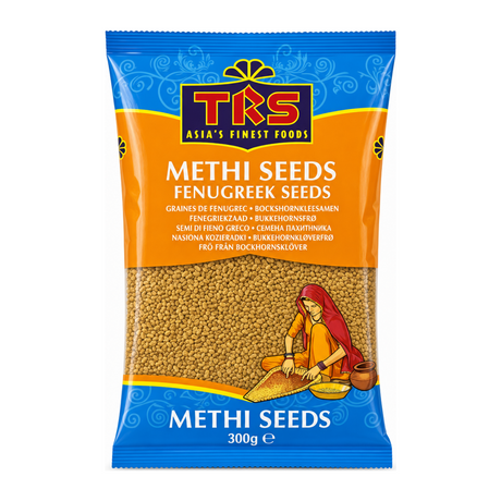 Methi Seeds (Fenugreek Seeds) by TRS — front view showing product label and branding, studio product photo on white background