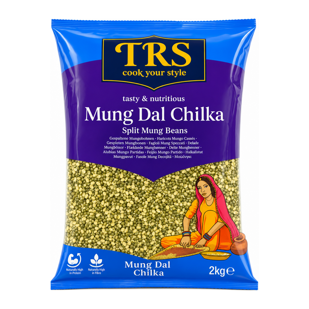 Mung Dal Chilka Split Mung Beans by TRS — front view showing product label and branding, studio product photo on white background