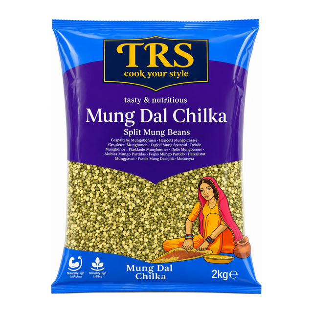Mung Dal Chilka Split Mung Beans by TRS — front view showing product label and branding, studio product photo on white background