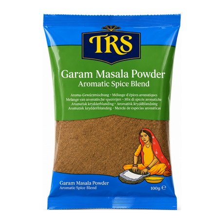 Garam Masala Powder Aromatic Spice Blend by TRS — front view showing product label and branding, studio product photo on white background