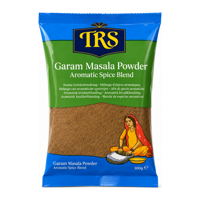 Garam Masala Powder Aromatic Spice Blend by TRS — front view showing product label and branding, studio product photo on white background
