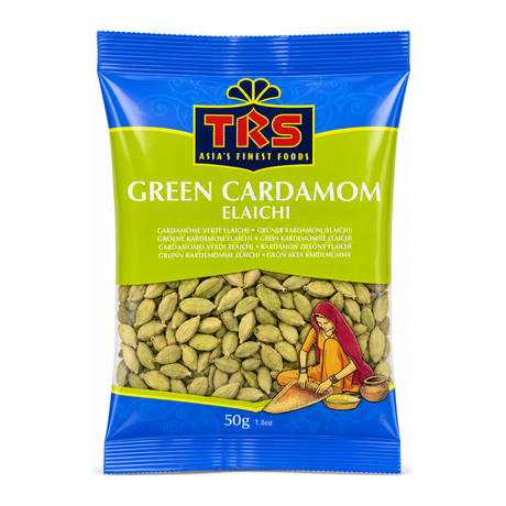 Green Cardamom Elaichi by TRS — front view showing product label and branding, studio product photo on white background