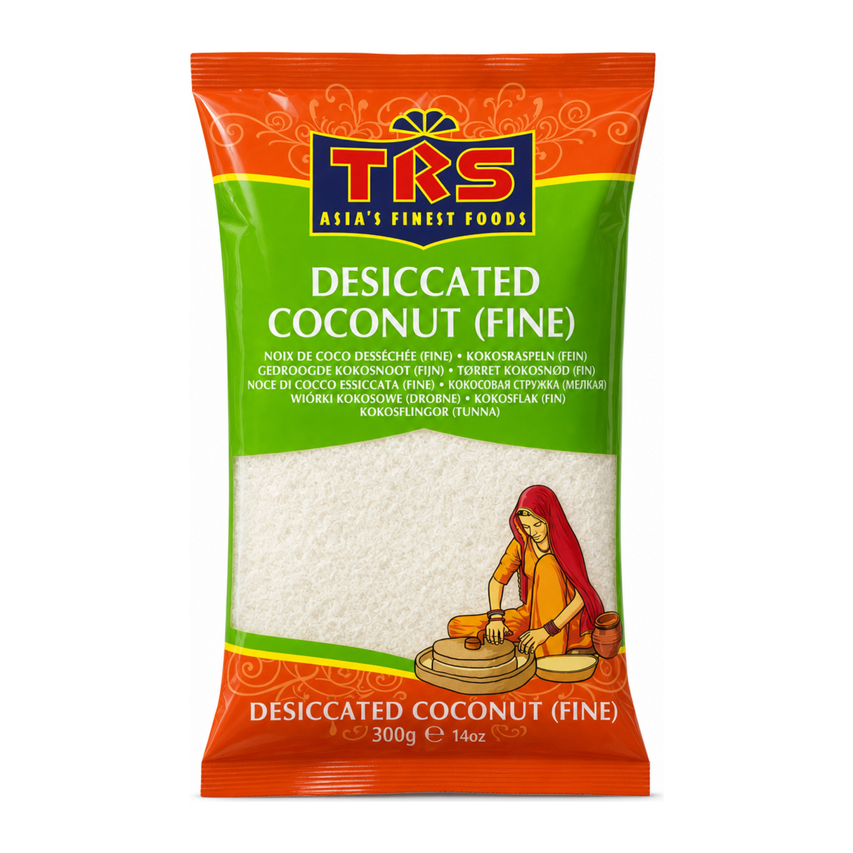 Desiccated Coconut (Fine) Fine by TRS — front view showing product label and branding, studio product photo on white background