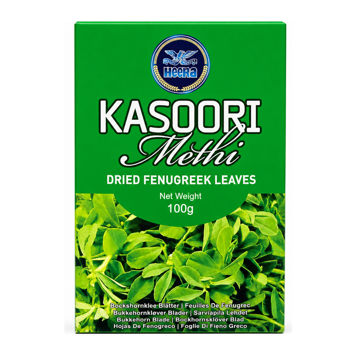 Kasoori Methi Dried Fenugreek Leaves by Heera — front view showing product label and branding, studio product photo on white background