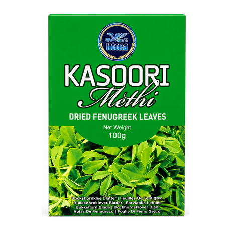 Kasoori Methi Dried Fenugreek Leaves by Heera — front view showing product label and branding, studio product photo on white background