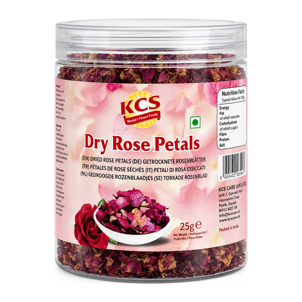 Dry Rose Petals by KCS — front view showing product label and branding, studio product photo on white background