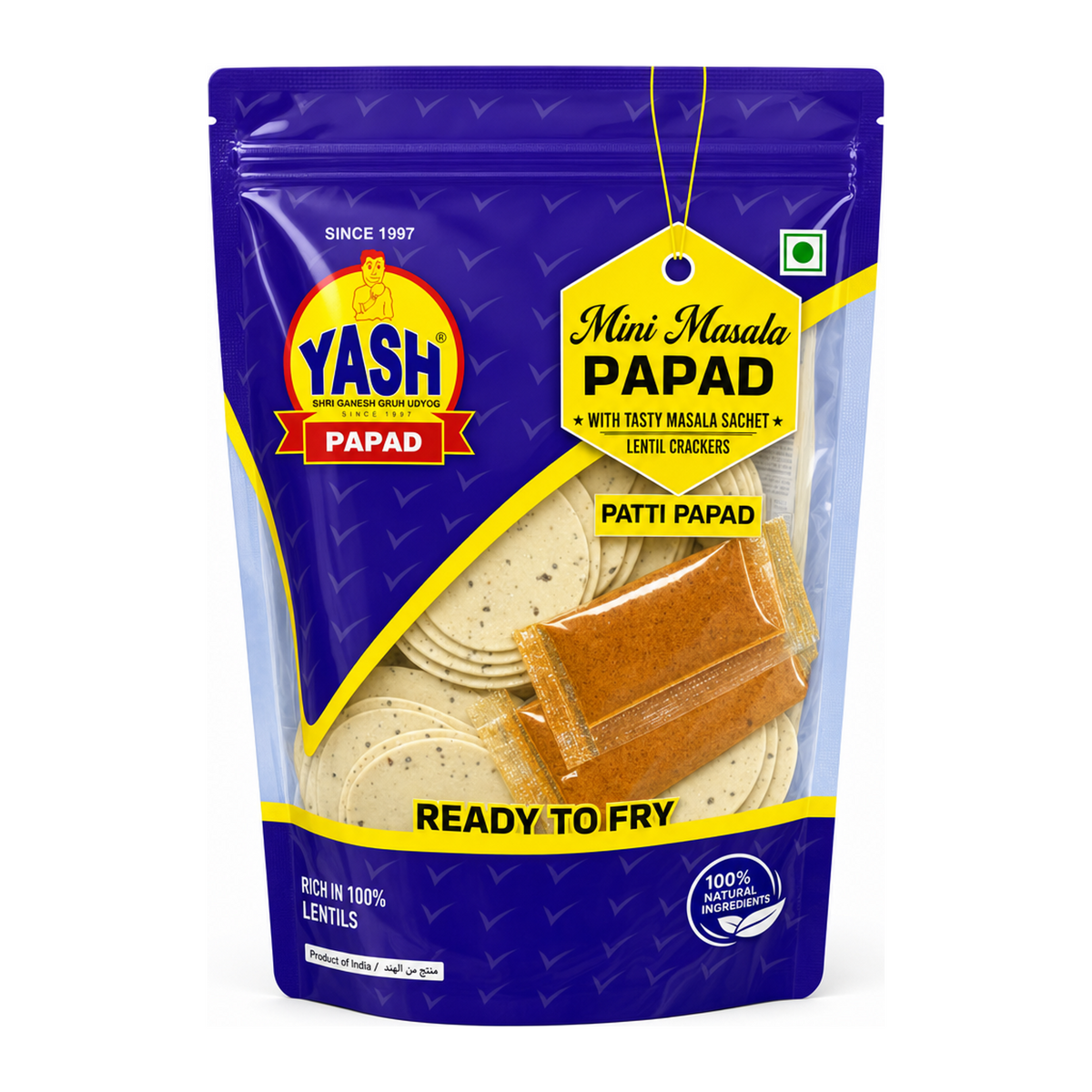 Yash Mini Masala Papad Patti Papad by Yash — front view showing product label and branding, studio product photo on white background