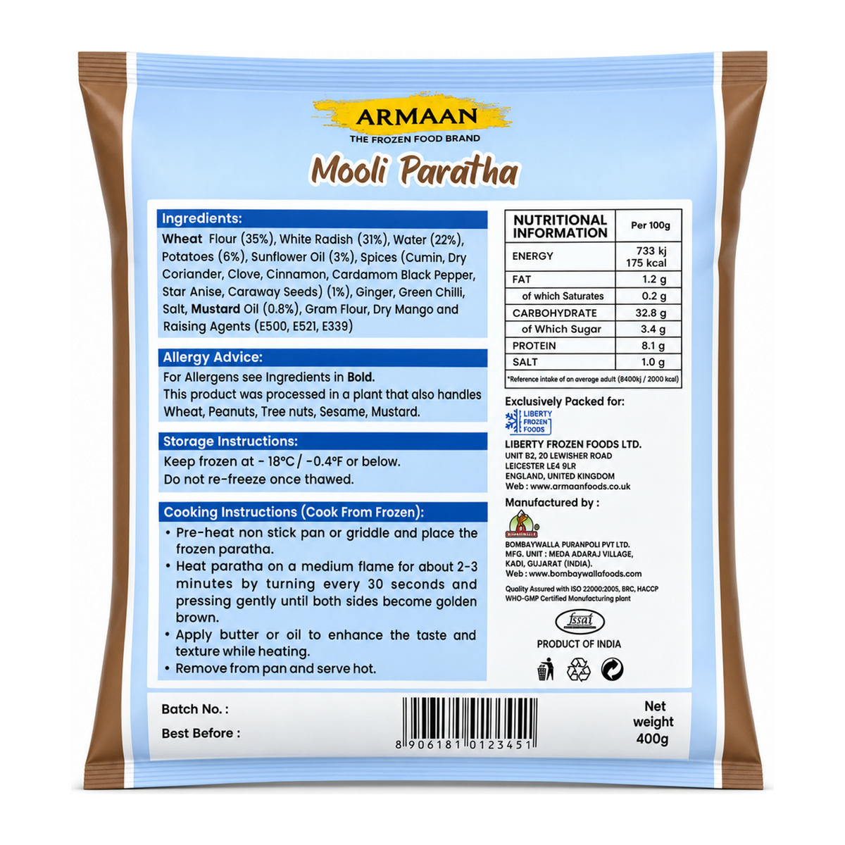 Armaan Mooli Paratha 400g by Armaan — back view showing ingredients and product details, studio product photo on white background