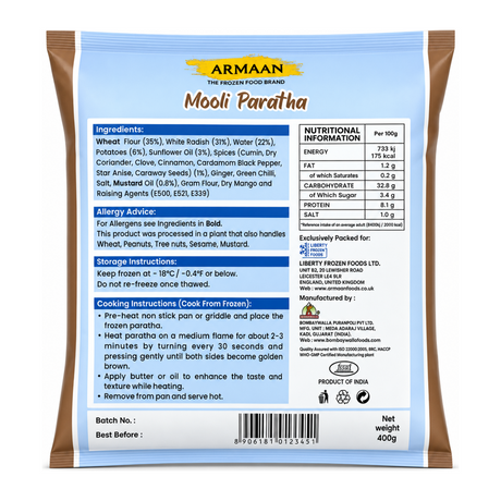 Armaan Mooli Paratha 400g by Armaan — back view showing ingredients and product details, studio product photo on white background