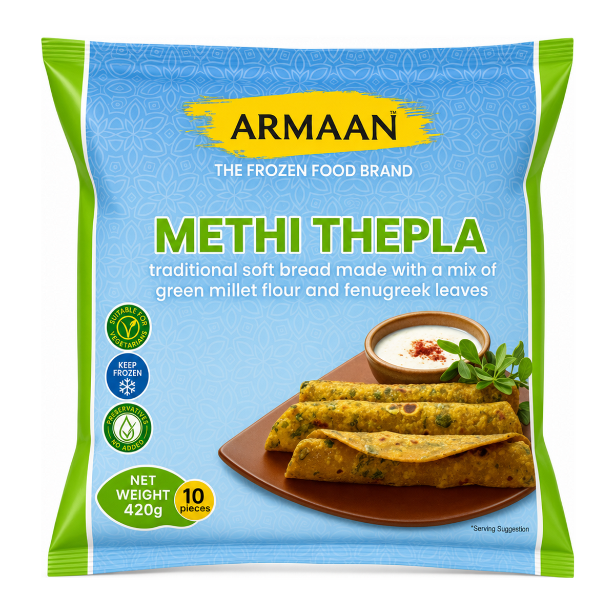 Armaan Methi Thepla 10 Pieces by Armaan — front view showing product label and branding, studio product photo on white background