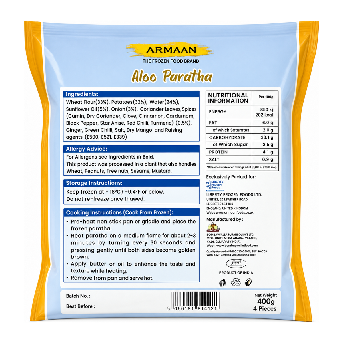 Armaan Aloo Paratha 400g by Armaan — back view showing ingredients and product details, studio product photo on white background
