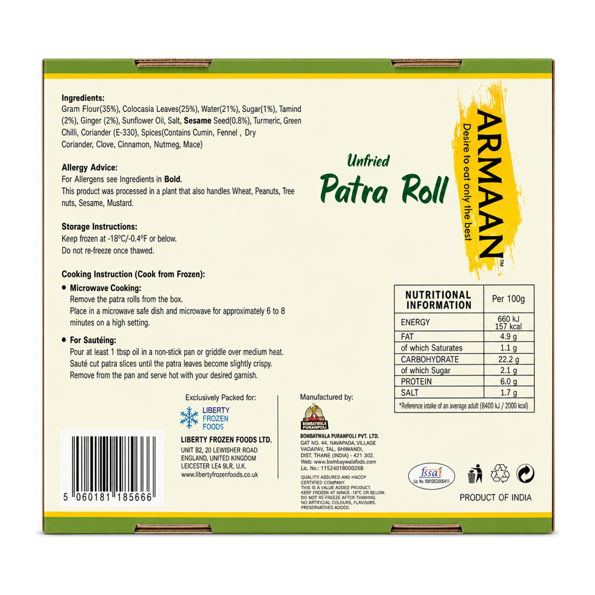 Armaan Patra Roll Unfried by Armaan — back view showing ingredients and product details, studio product photo on white background