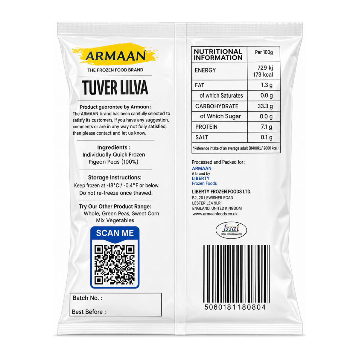 Armaan Tuver Lilva Green Pigeon Peas by Armaan — back view showing ingredients and product details, studio product photo on white background