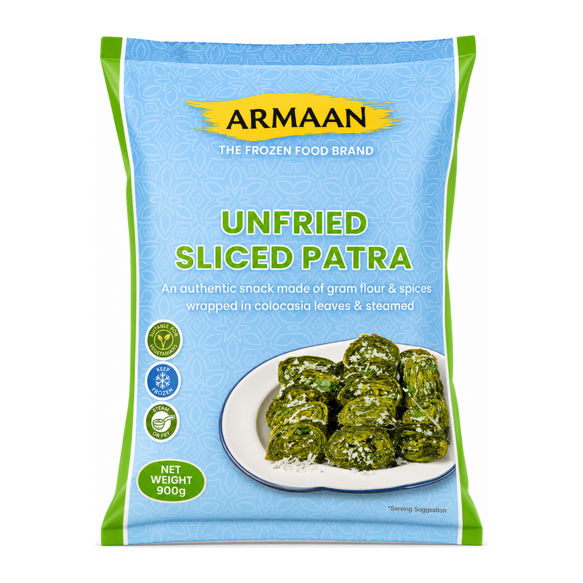Armaan Unfried Sliced Patra 900g by Armaan — front view showing product label and branding, studio product photo on white background