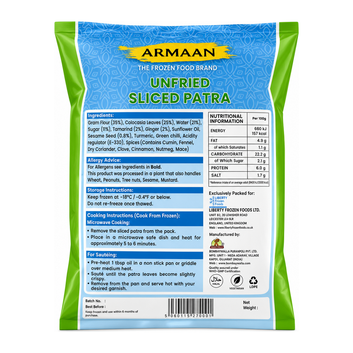Armaan Unfried Sliced Patra 900g by Armaan — back view showing ingredients and product details, studio product photo on white background