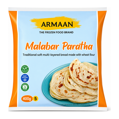 Armaan Malabar Paratha Traditional soft multi-layered bread made with wheat flour by Armaan — front view showing product label and branding, studio product photo on white background