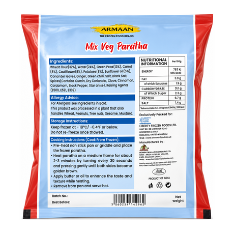 Armaan Mix Veg Paratha by Armaan — back view showing ingredients and product details, studio product photo on white background