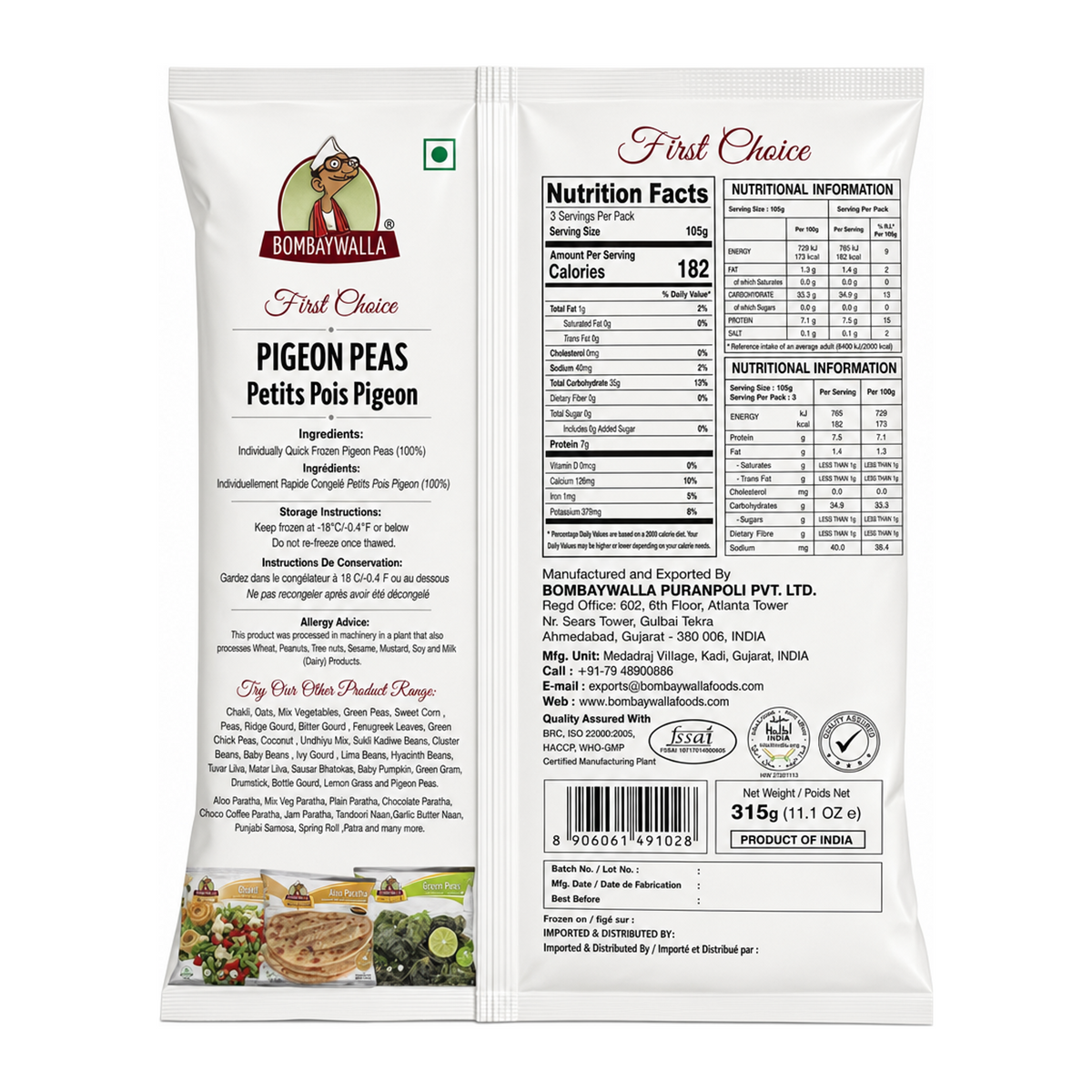 Bombaywalla Pigeon Peas Individually Quick Frozen by Bombaywalla — back view showing ingredients and product details, studio product photo on white background