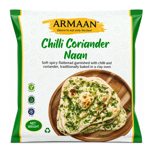 Armaan Chilli Coriander Naan by Armaan — front view showing product label and branding, studio product photo on white background