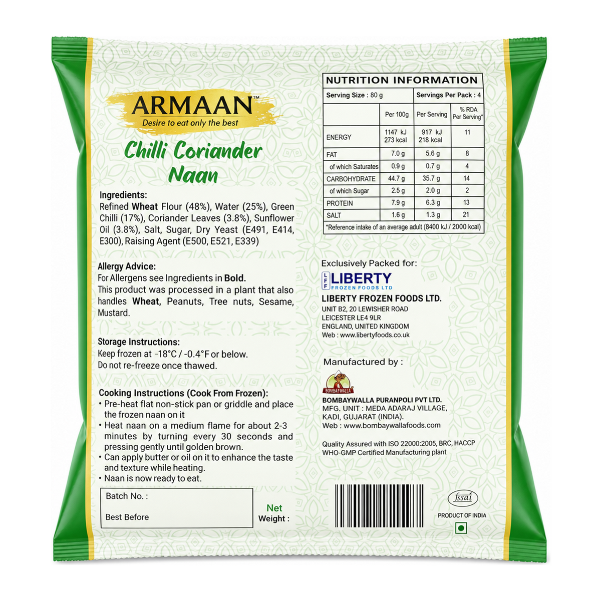 Armaan Chilli Coriander Naan by Armaan — back view showing ingredients and product details, studio product photo on white background