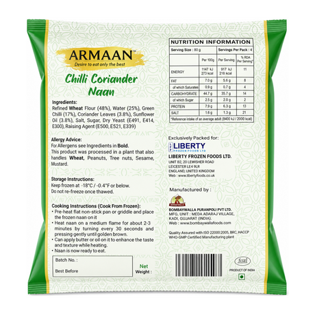 Armaan Chilli Coriander Naan by Armaan — back view showing ingredients and product details, studio product photo on white background