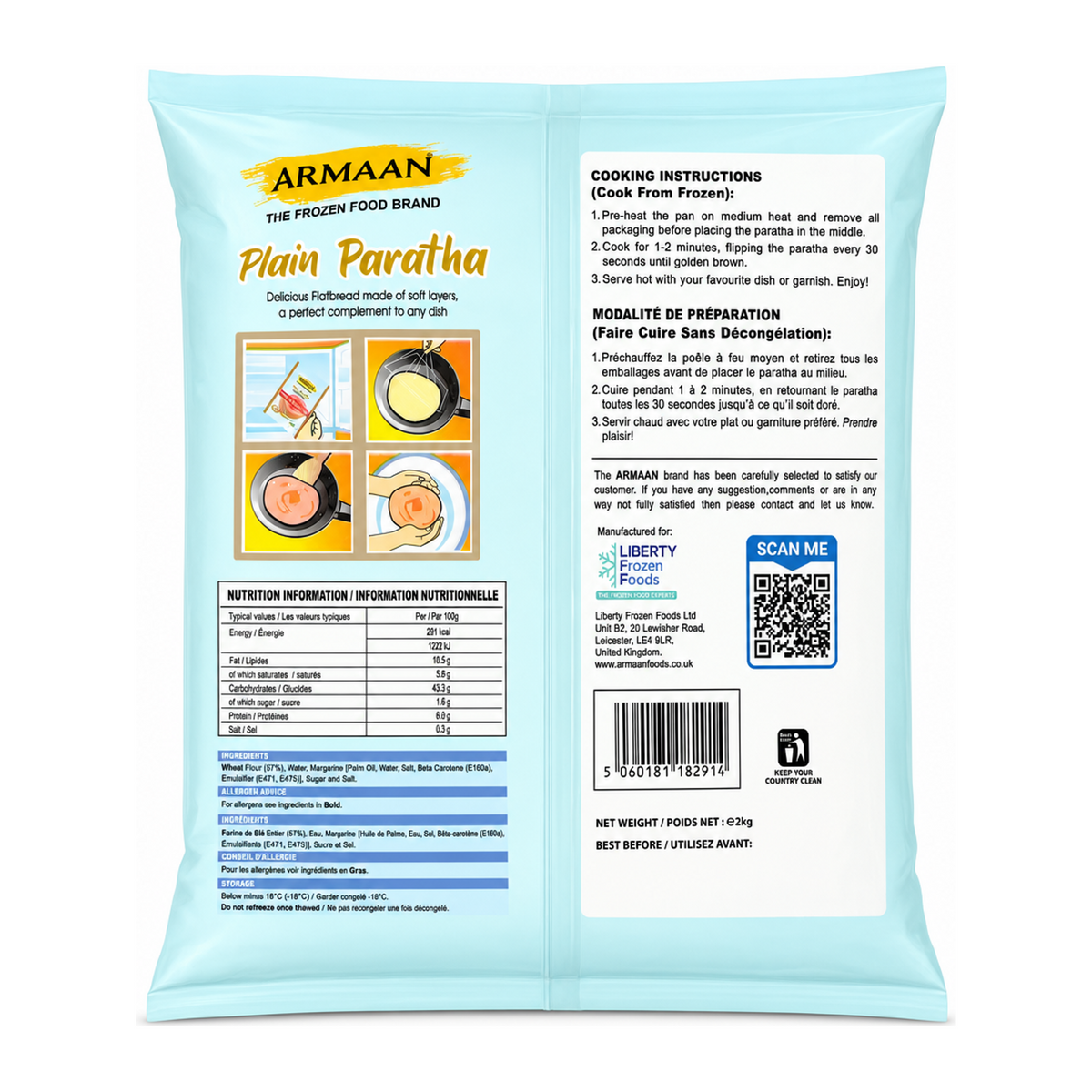 Armaan Plain Paratha 25 pcs Promo Pack £3.99 2 Kg 25% Extra Free by Armaan — back view showing ingredients and product details, studio product photo on white background