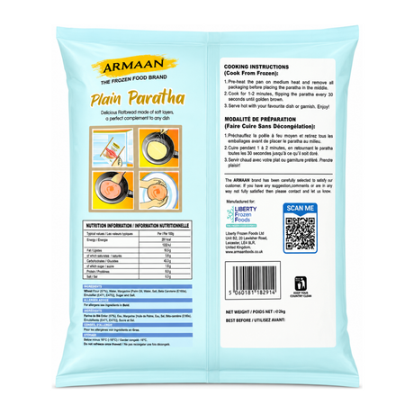 Armaan Plain Paratha 25 pcs Promo Pack £3.99 2 Kg 25% Extra Free by Armaan — back view showing ingredients and product details, studio product photo on white background