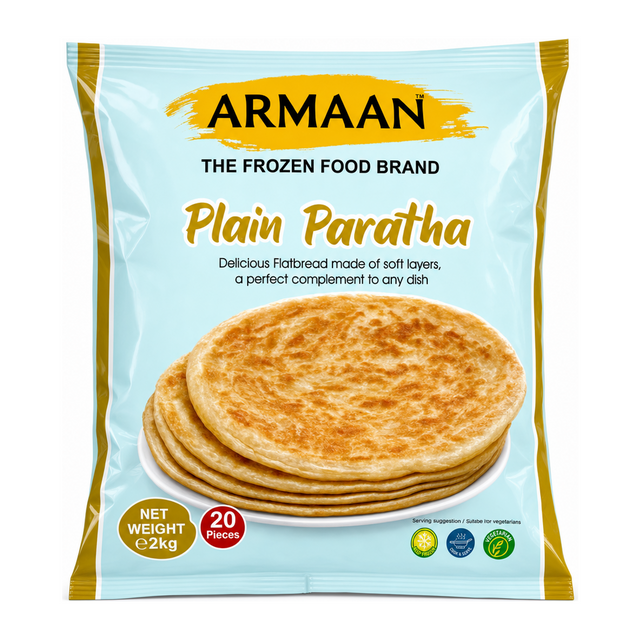 Armaan Plain Paratha 25 pcs Promo Pack £3.99 2 Kg 25% Extra Free by Armaan — front view showing product label and branding, studio product photo on white background