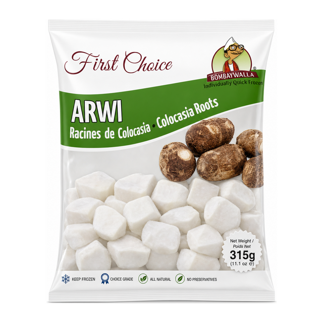 Bombaywalla Arwi Colocasia Roots Individually Quick Frozen by Bombaywalla — front view showing product label and branding, studio product photo on white background