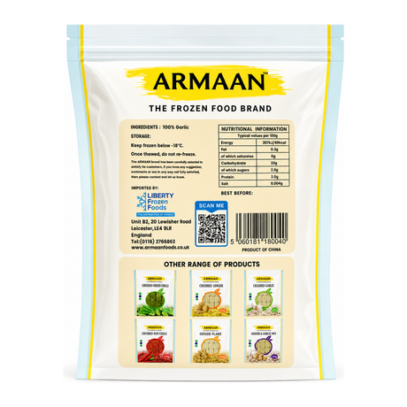 Armaan Peeled Garlic Cloves 400g by Armaan — back view showing ingredients and product details, studio product photo on white background