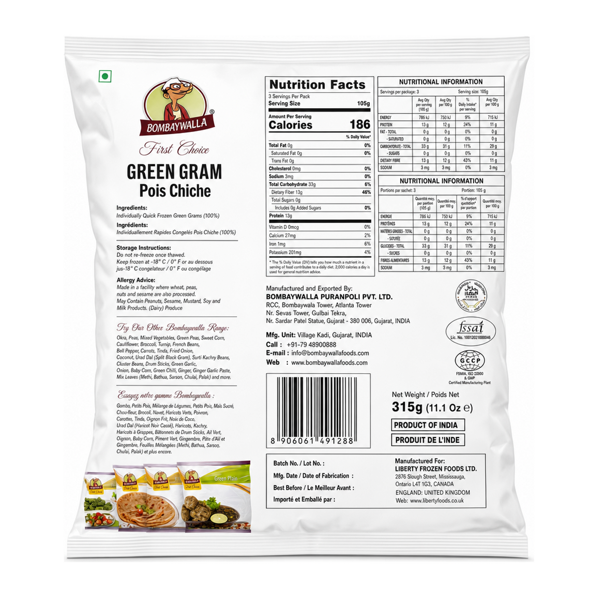 Bombaywalla Green Gram Individually Quick Frozen by Bombaywalla — back view showing ingredients and product details, studio product photo on white background
