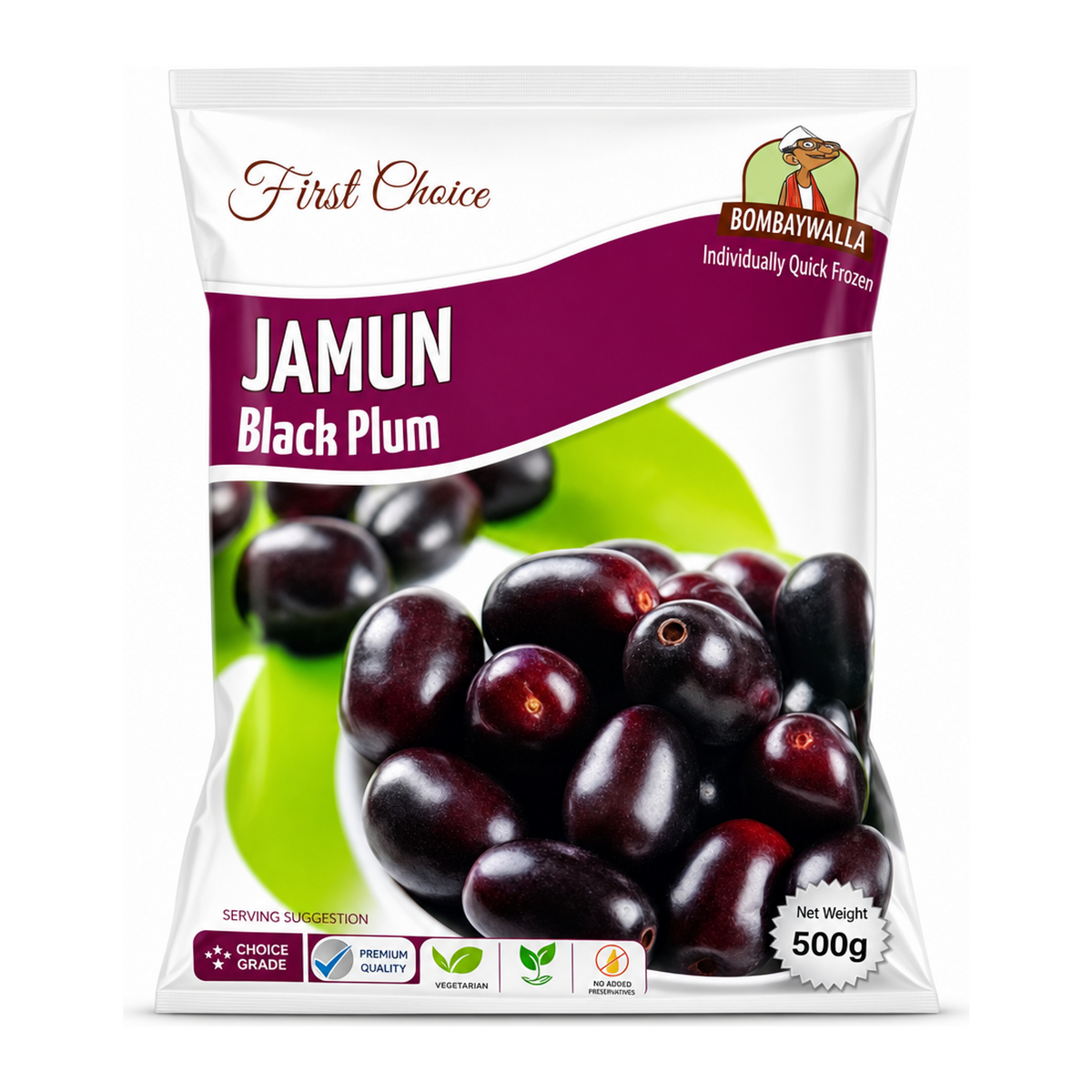 Bombaywalla Jamun Black Plum Individually Quick Frozen by Bombaywalla — front view showing product label and branding, studio product photo on white background