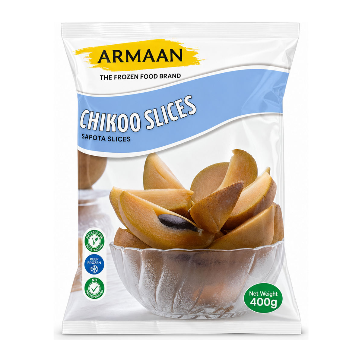 Armaan Chikoo Slices Sapota Slices by Armaan — front view showing product label and branding, studio product photo on white background