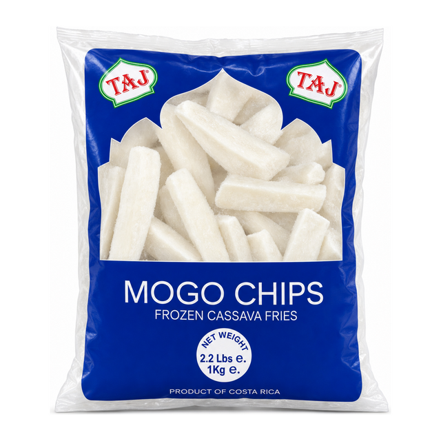 Taj Mogo Chips Frozen Cassava Fries by Taj — front view showing product label and branding, studio product photo on white background