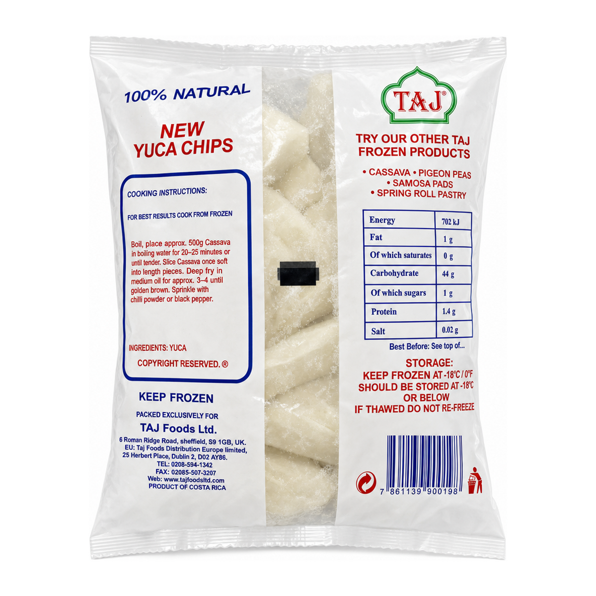 Taj Mogo Chips Frozen Cassava Fries by Taj — back view showing ingredients and product details, studio product photo on white background
