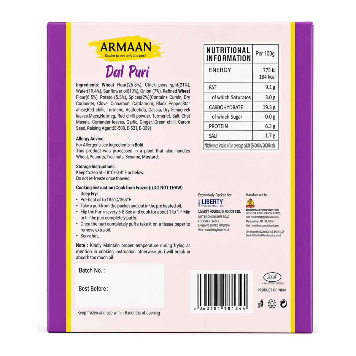 Armaan Dal Puri 10 Pieces by Armaan — back view showing ingredients and product details, studio product photo on white background