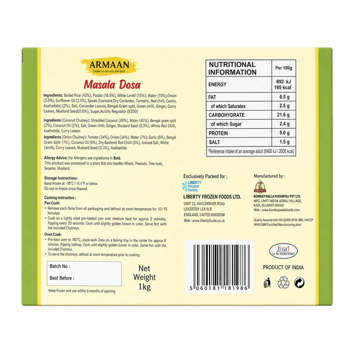 Armaan Masala Dosa 1kg by Armaan — back view showing ingredients and product details, studio product photo on white background