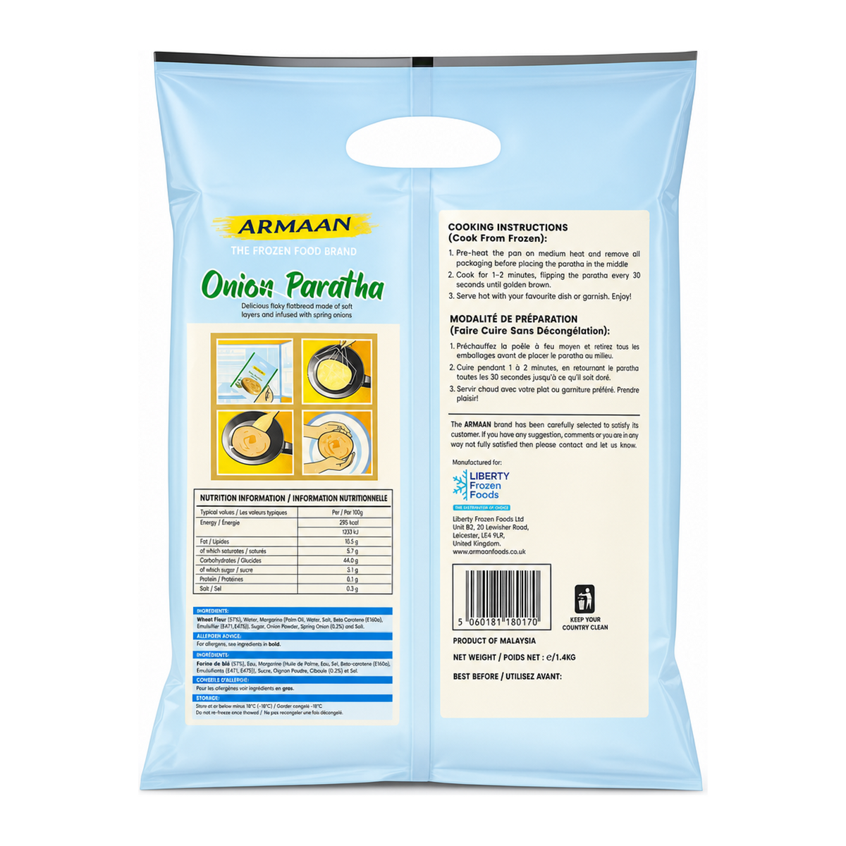 Armaan Onion Paratha 20 Pieces by Armaan — back view showing ingredients and product details, studio product photo on white background