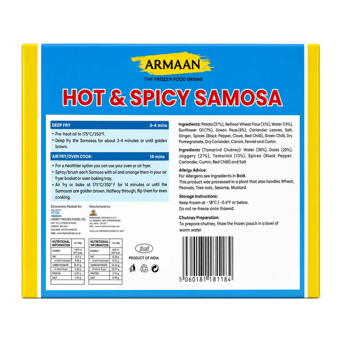 Armaan Hot & Spicy Samosa by Armaan — back view showing ingredients and product details, studio product photo on white background